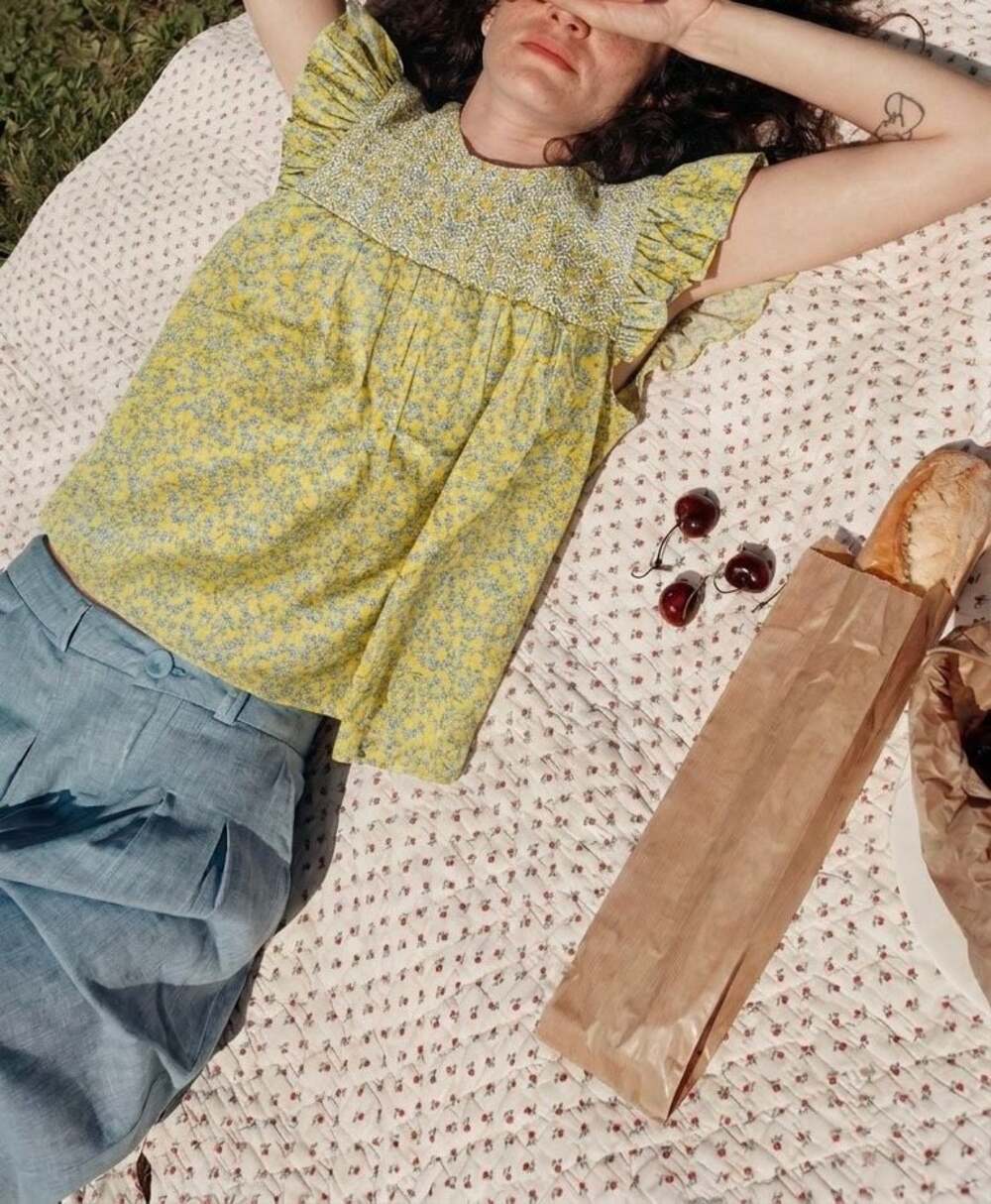 J.Crew Yellow and Blue Floral Print Smocked Flutter Sleeve Blouse